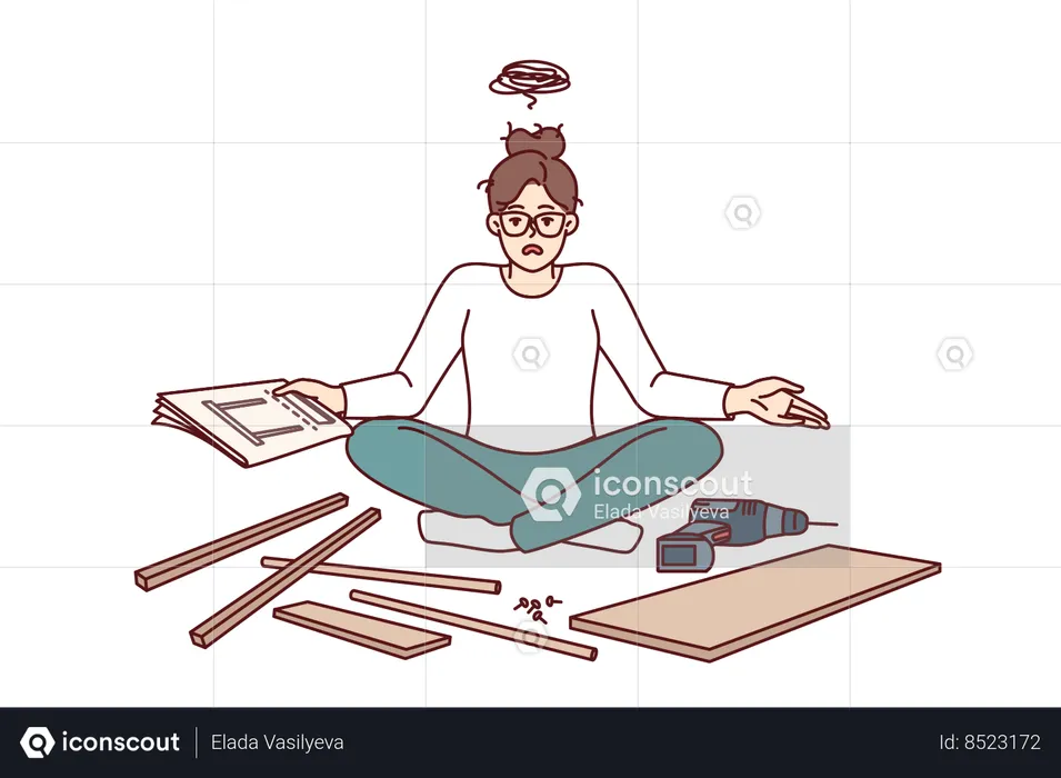 Embarrassed woman tries to assemble furniture by herself  Illustration