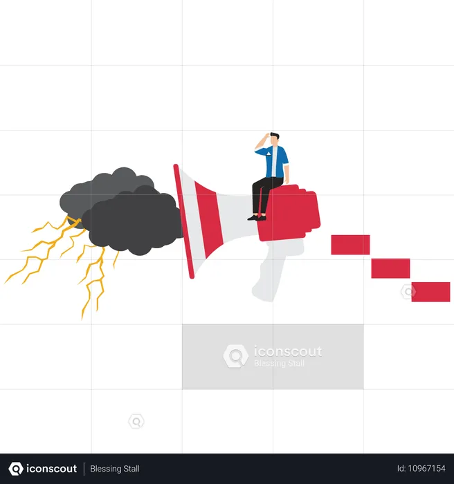 어두운 구름과 번개를 내뿜는 확성기에 앉아 있는 비통한 사업가  일러스트레이션