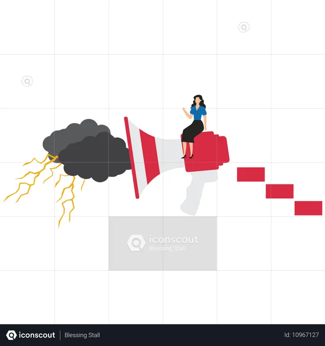 Embittered businesswoman sitting on megaphones that emit dark clouds and lightning bolts  Illustration