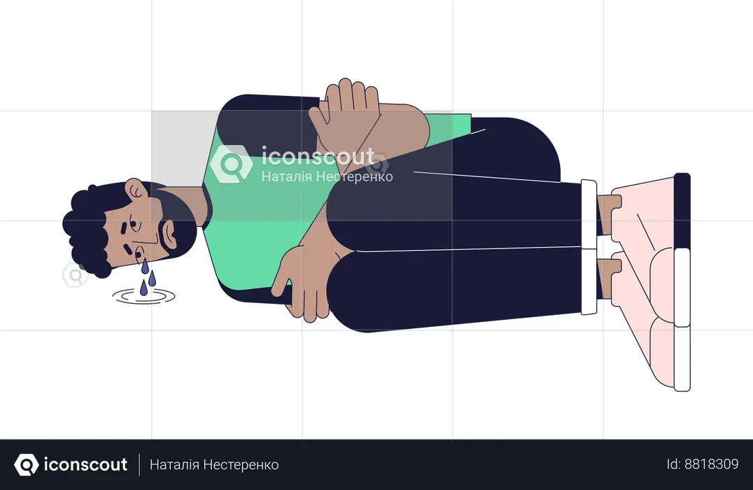 Emotional breakdown black man lying curled up  Illustration