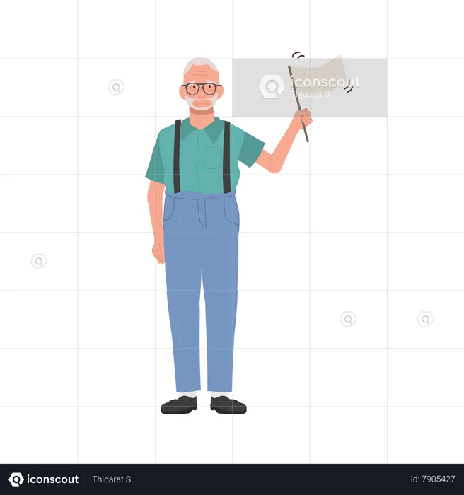 Emotional Elderly man with White Flag in Retirement  Illustration