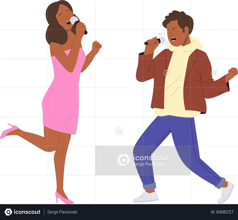 Emotional expressive man and woman singing in microphone performing in talent show  Illustration