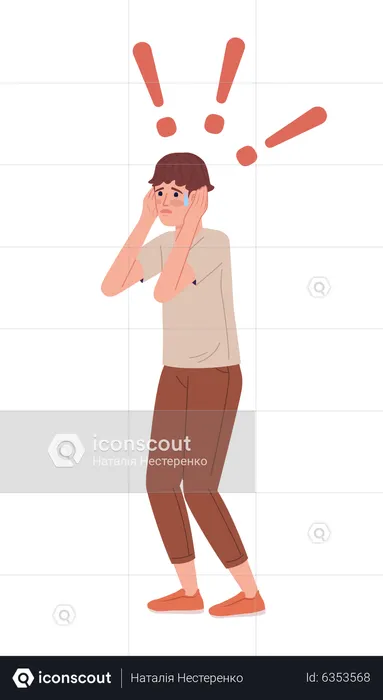 Emotional worried boy holding head in hands  Illustration