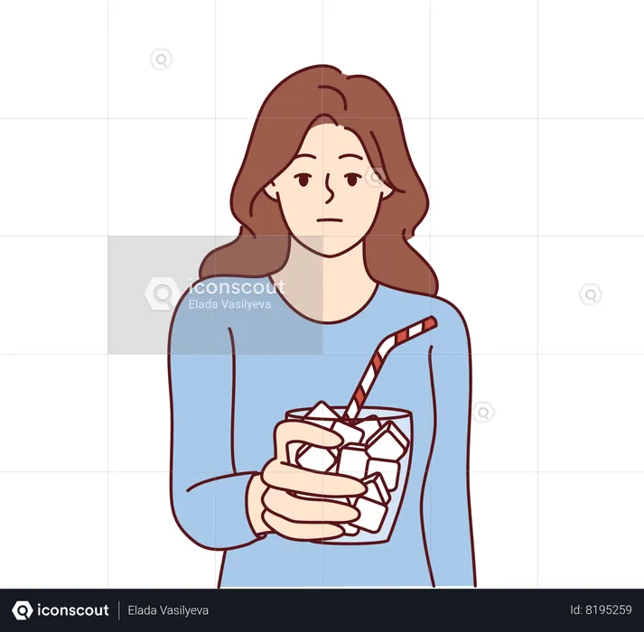 Emotionless girl holds glass full of sugar with straw symbolizing unhealthy nutrition  Illustration