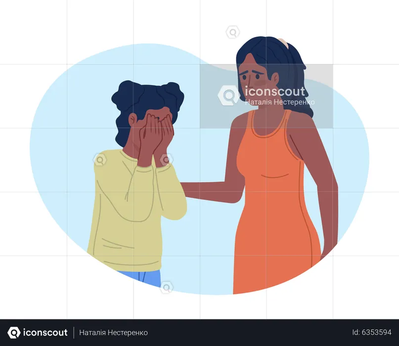Empathic mother trying to comfort crying daughter  Illustration