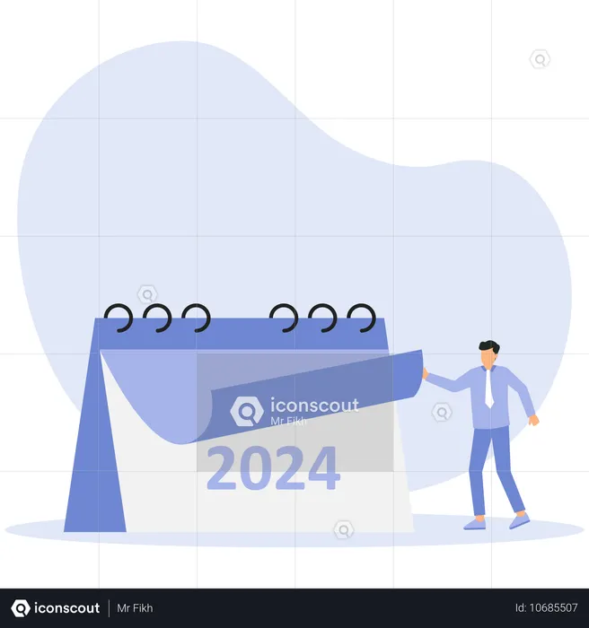 Empleado de cara y en camino hacia 2024  Ilustración