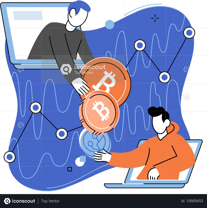 Empleado trabaja en transferencia de bitcoin  Ilustración