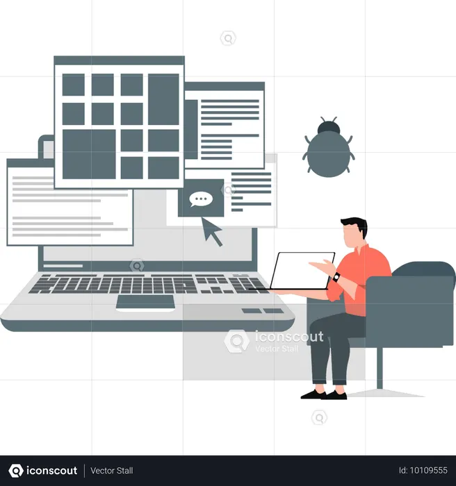 Empleado trabajando en pruebas de software contra virus  Ilustración