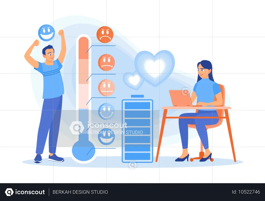 Los empleados con las baterías de energía completamente cargadas trabajan con entusiasmo  Ilustración