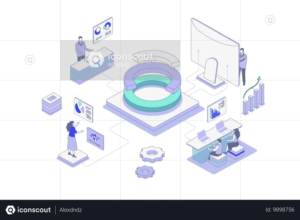 Empleados de la empresa haciendo análisis de negocios.  Ilustración