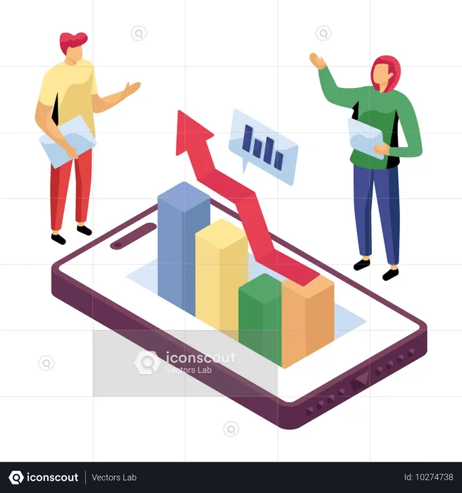 Empleados discutiendo gráficos financieros en una reunión  Ilustración