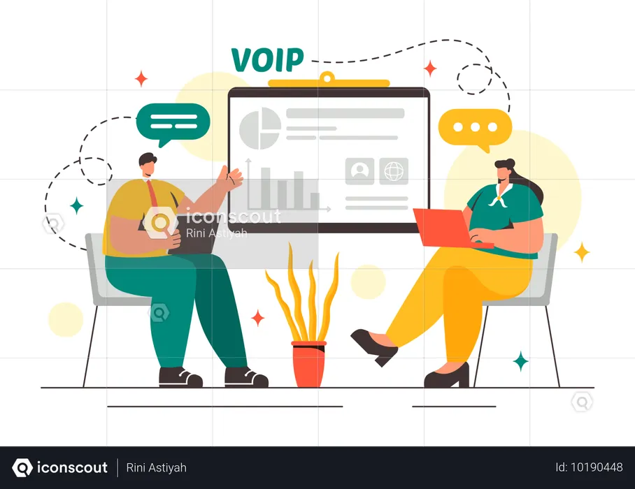 Empleados comentando opiniones de VOIP proporcionadas por los usuarios  Ilustración