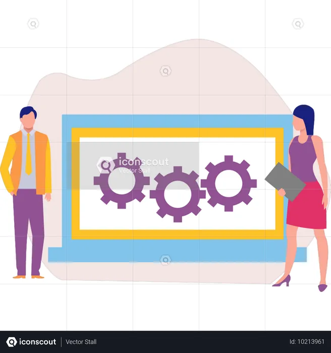 Empleados hablando sobre la configuración en la computadora portátil  Ilustración