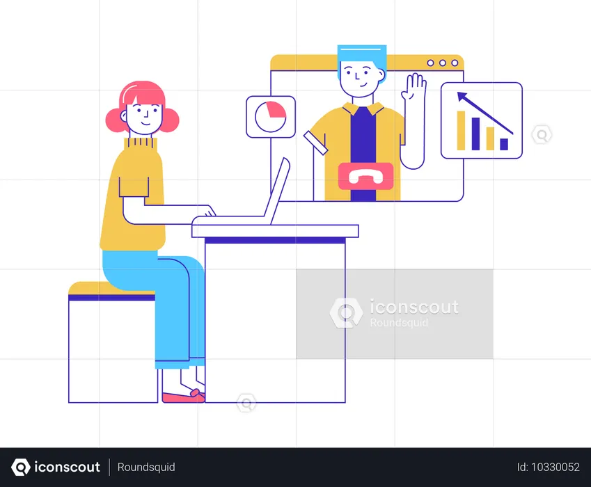 Empleados realizando una reunión de análisis de datos en línea  Ilustración