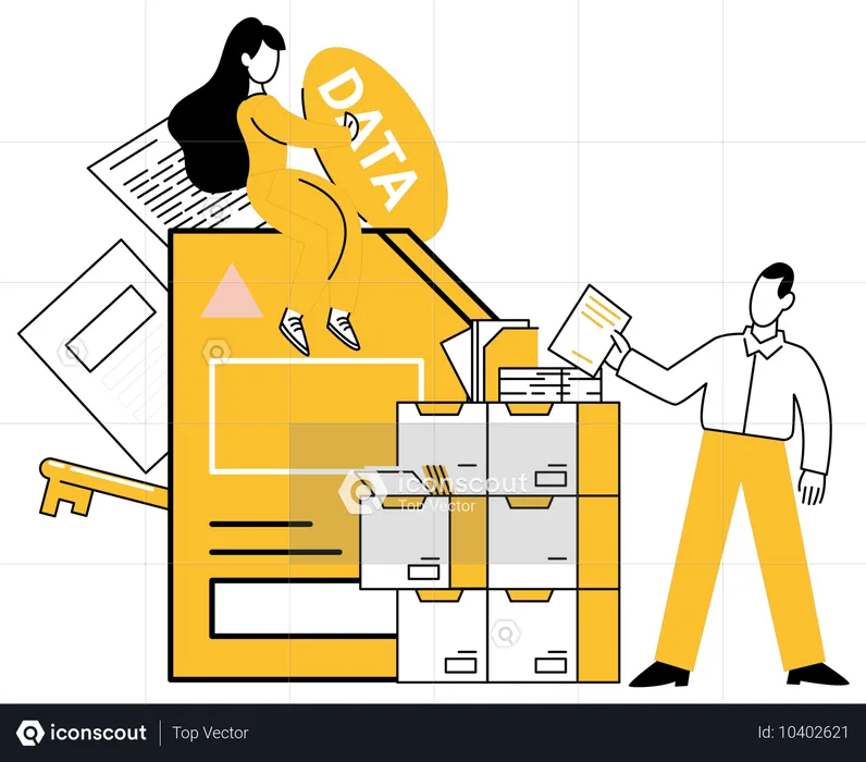 Empleados trabajando en la recopilación de información de datos  Ilustración