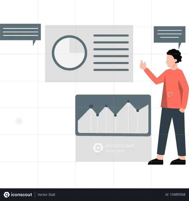 Un employé parle du tableau de bord d'analyse des données  Illustration