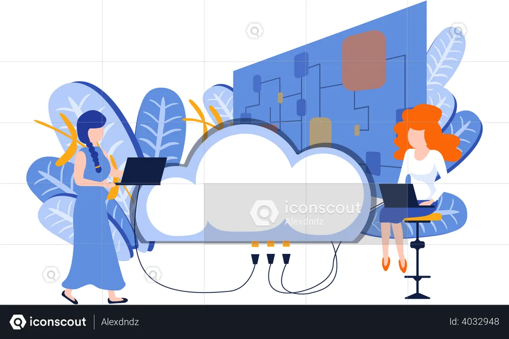 Employé téléchargeant des données vers le cloud  Illustration