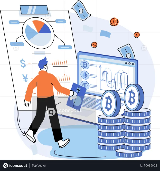 Employé travaillant sur un graphique Bitcoin  Illustration