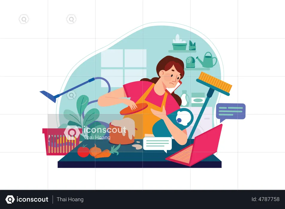 Employee cleaning dishes while working from home  Illustration