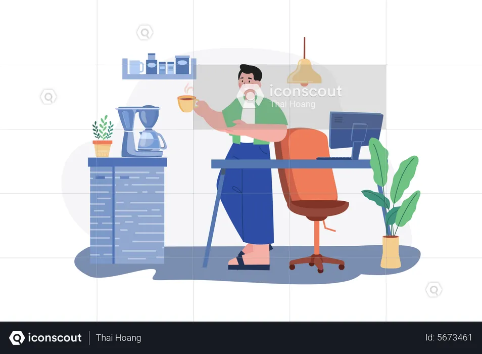 Employee drinking coffee while working from home  Illustration