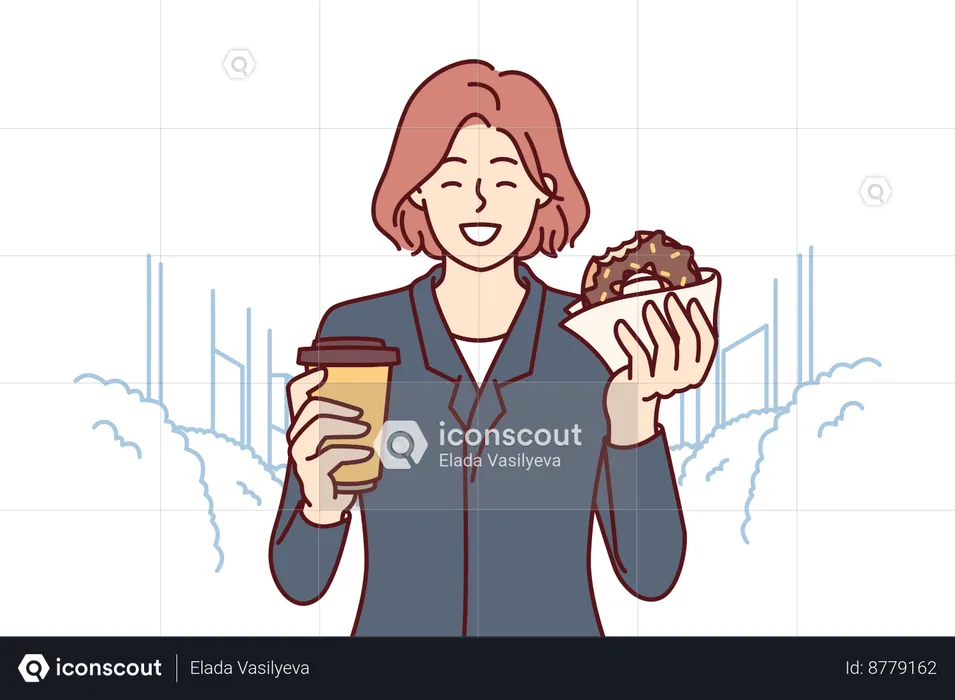 Employee is enjoying her donut in break time  Illustration