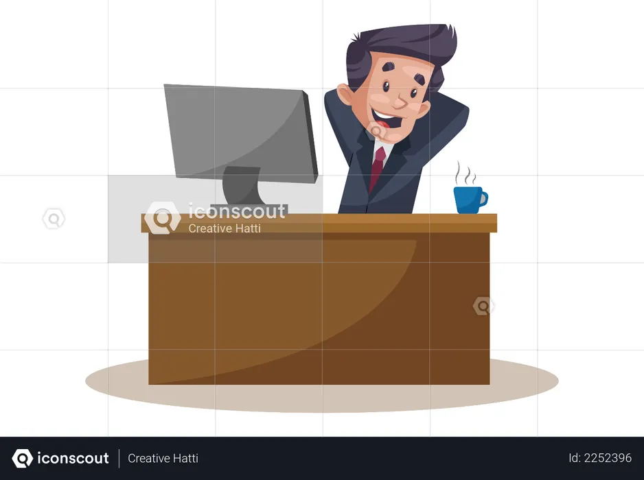 Employee is sitting in a relaxing mood at office desk  Illustration