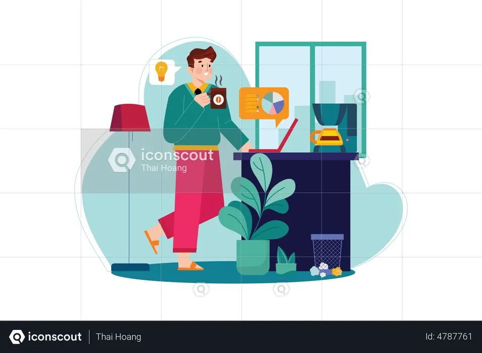 Employee making coffee while working from home  Illustration