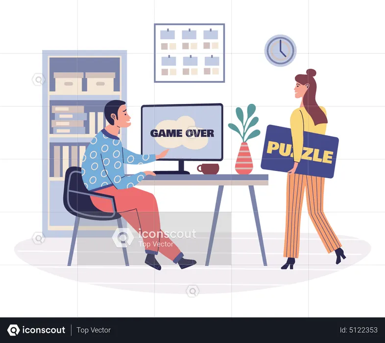 Employee playing computer games in office  Illustration