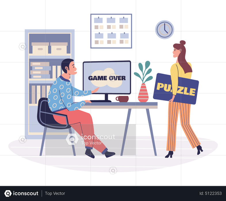 Best Premium Employee playing computer games in office Illustration