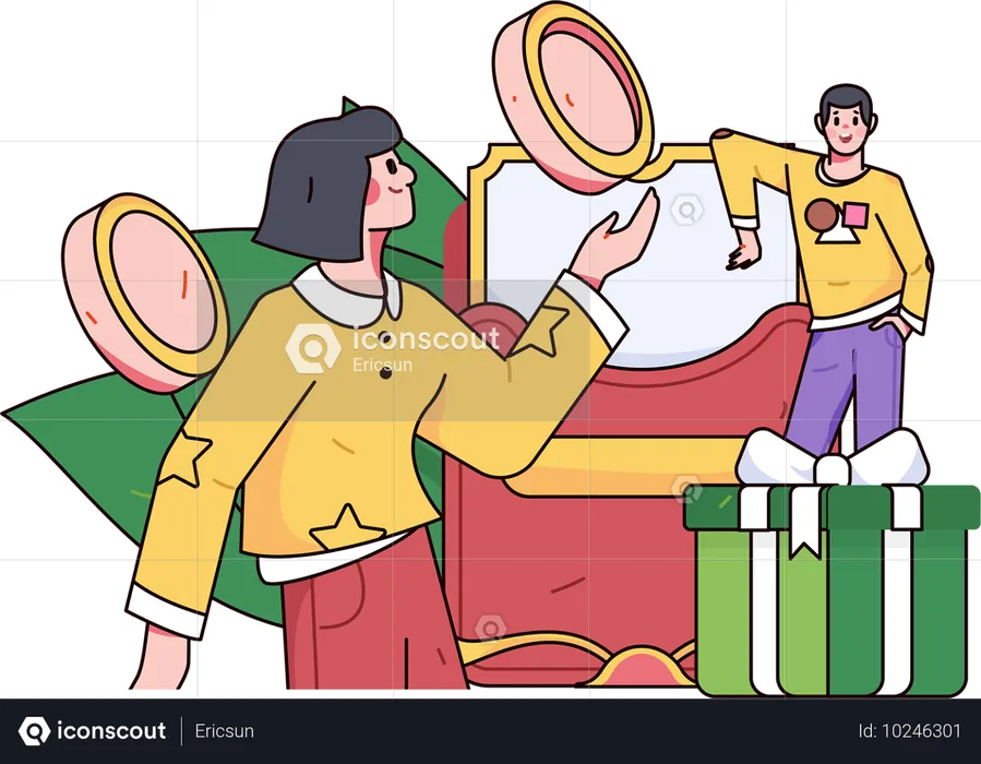 Employee receiving shopping coins on digital shopping  Illustration