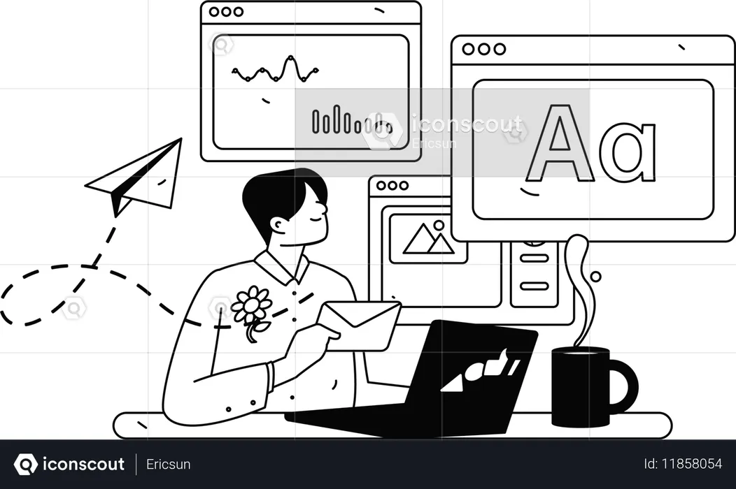 従業員がユーザーにメールを送信する  イラスト
