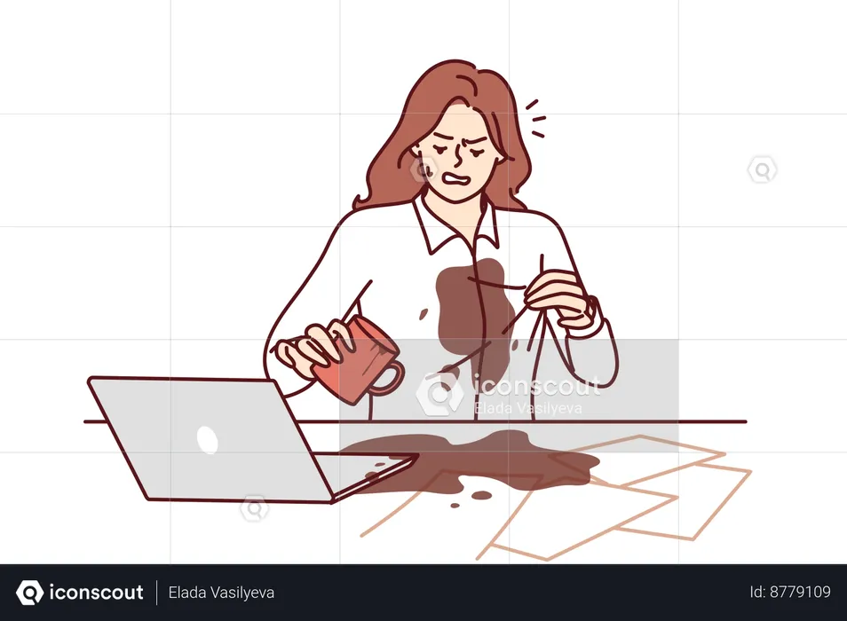 Employee spills coffee on her shirt  Illustration
