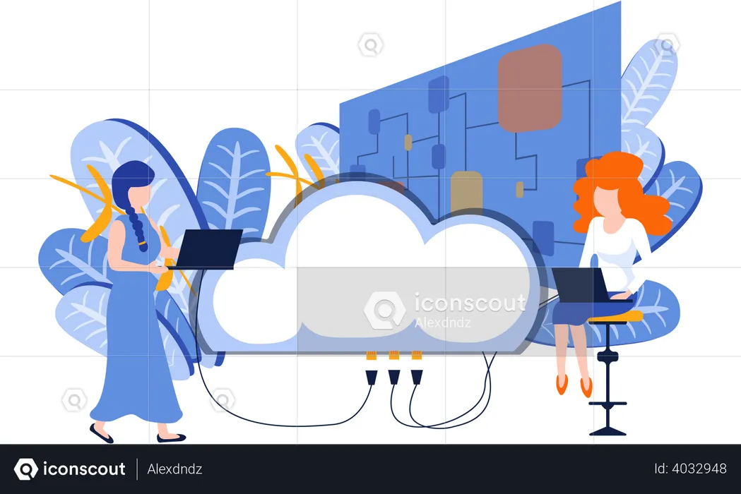 Employee uploading data to cloud  Illustration
