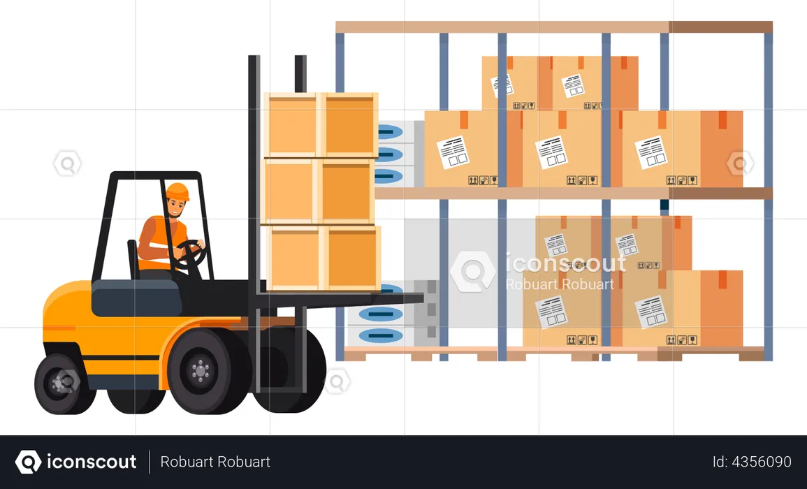 Employee using forklift for managing warehouse  Illustration