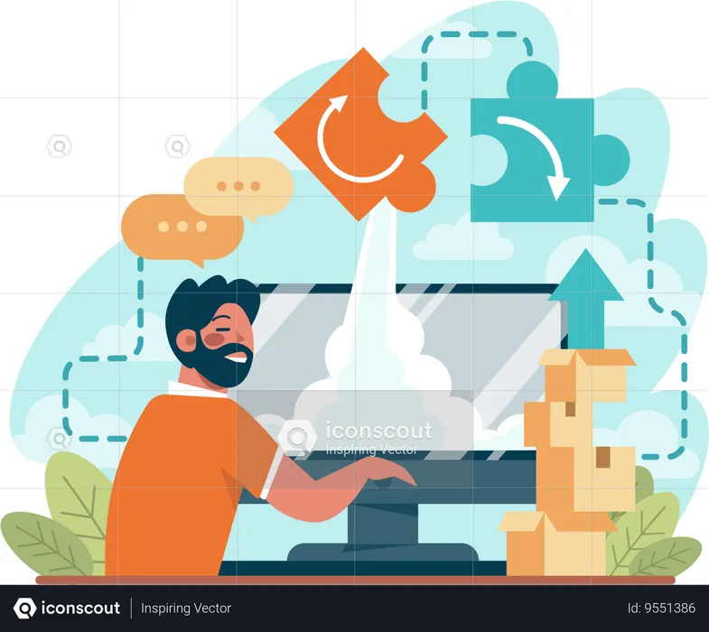 Employee works on business puzzles  Illustration