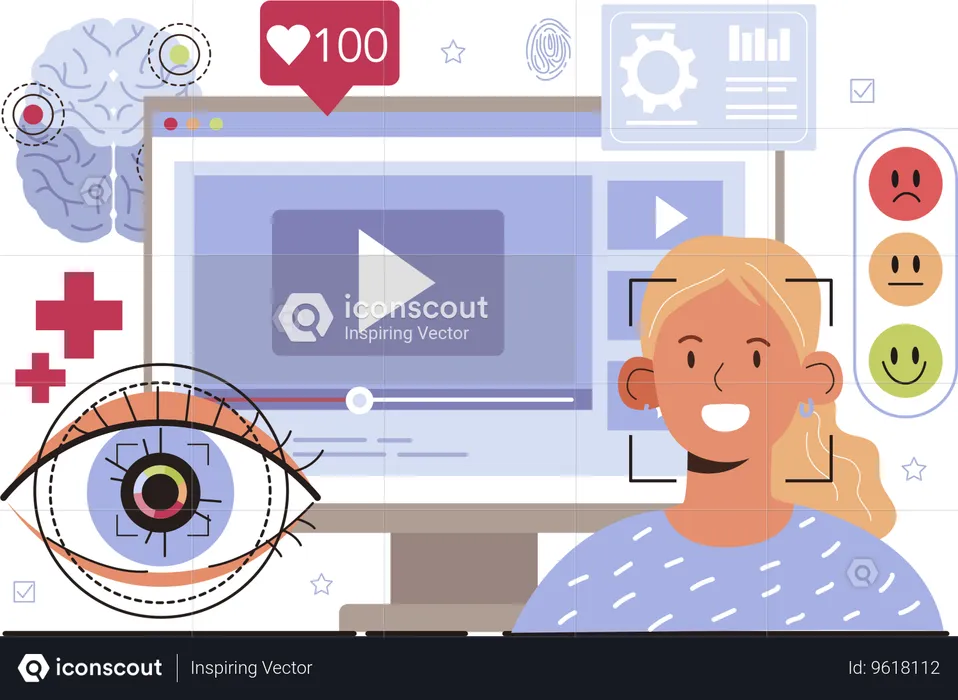 Employee works on  eye scanning  Illustration