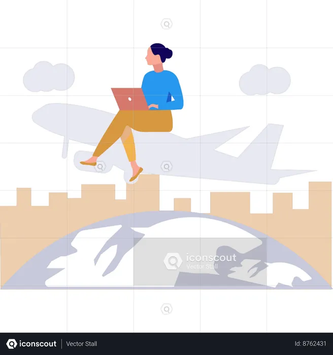 Employee works on laptop while flight travel  Illustration