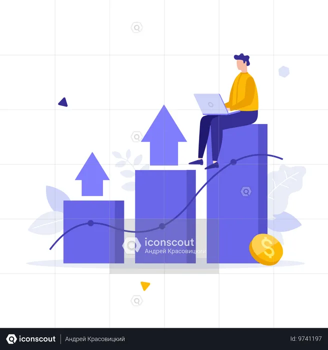 Employee works on laptop while sitting on bar chart  Illustration