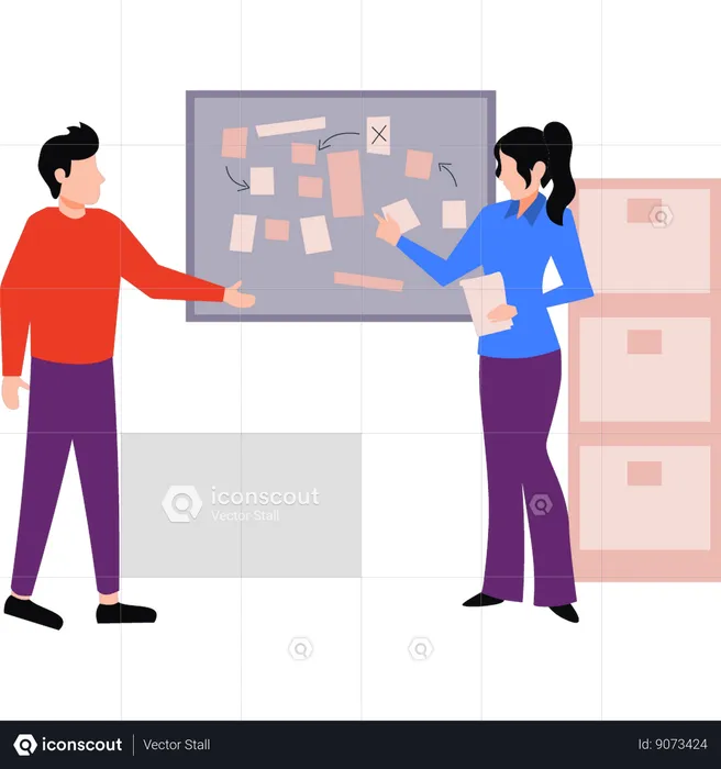Employees are discussing sticky notes  Illustration