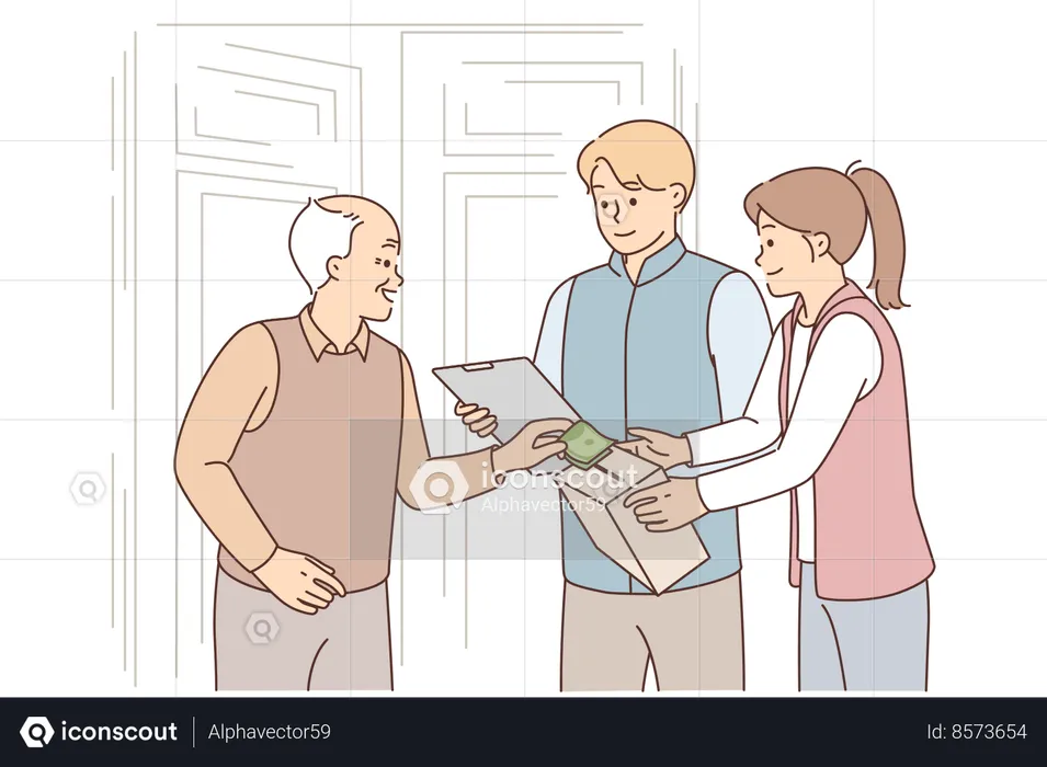 Employees charity company hold fundraiser standing near door of elderly man with box for banknotes  Illustration