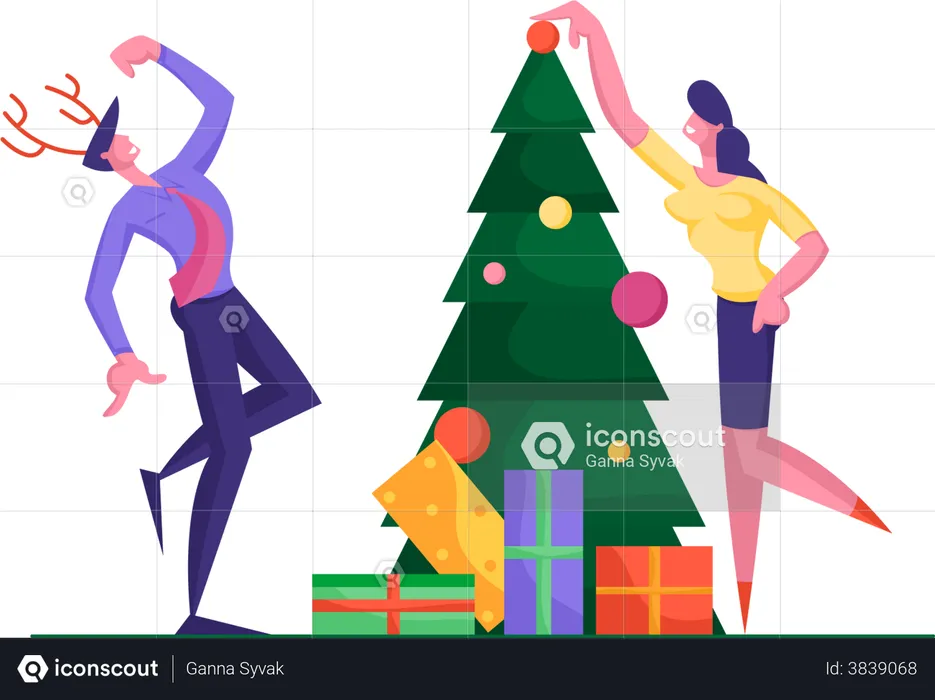 Employees Decorating christmas tree  Illustration
