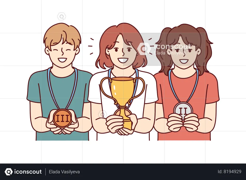 Employees have achieved trophy and medals  Illustration