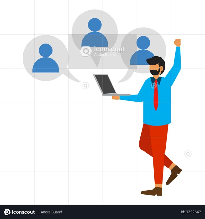 Employees holding laptop with the network  Illustration