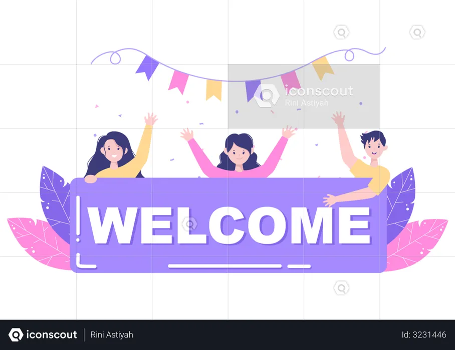 Employees holding welcome board  Illustration