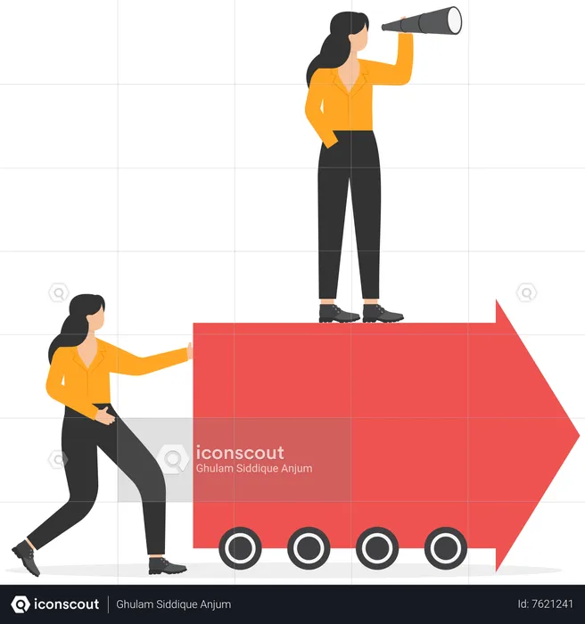 Employees push forward arrow and boss standing at on arrow  Illustration