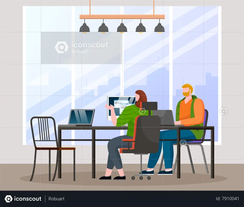 Employees sitting at computers and working with business data  Illustration