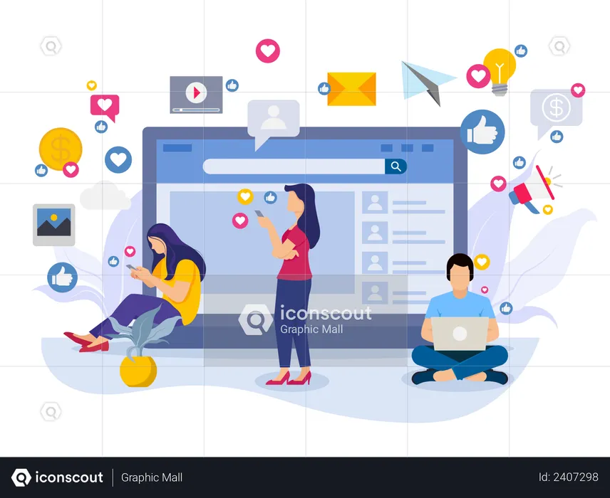 Employees working on social media marketing  Illustration