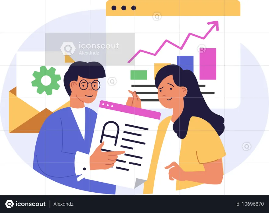 Employés d'entreprise faisant du marketing en ligne  Illustration