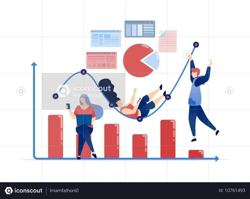 Employés travaillant autour d'un graphique à barres qui monte et descend  Illustration