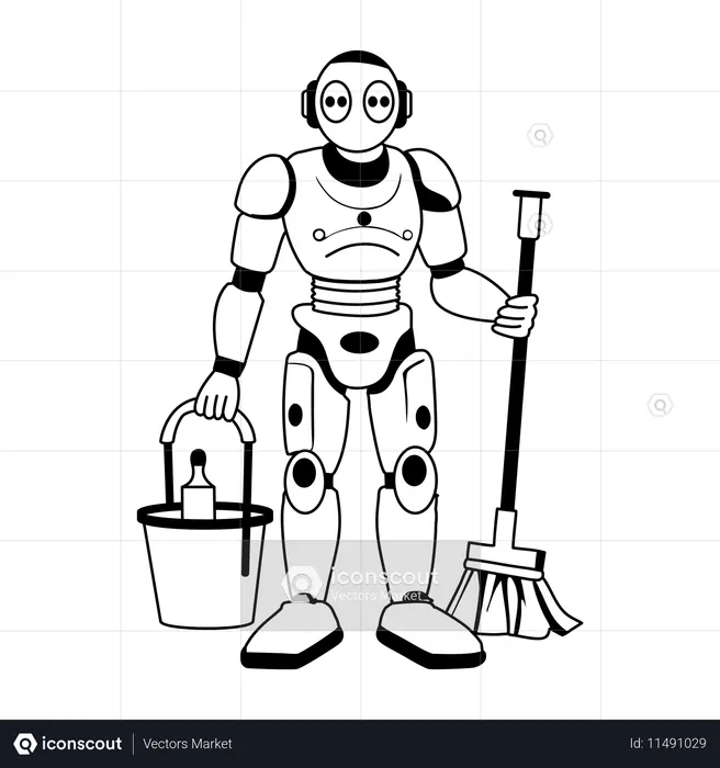Empregada robô em pé com esfregão  Ilustração